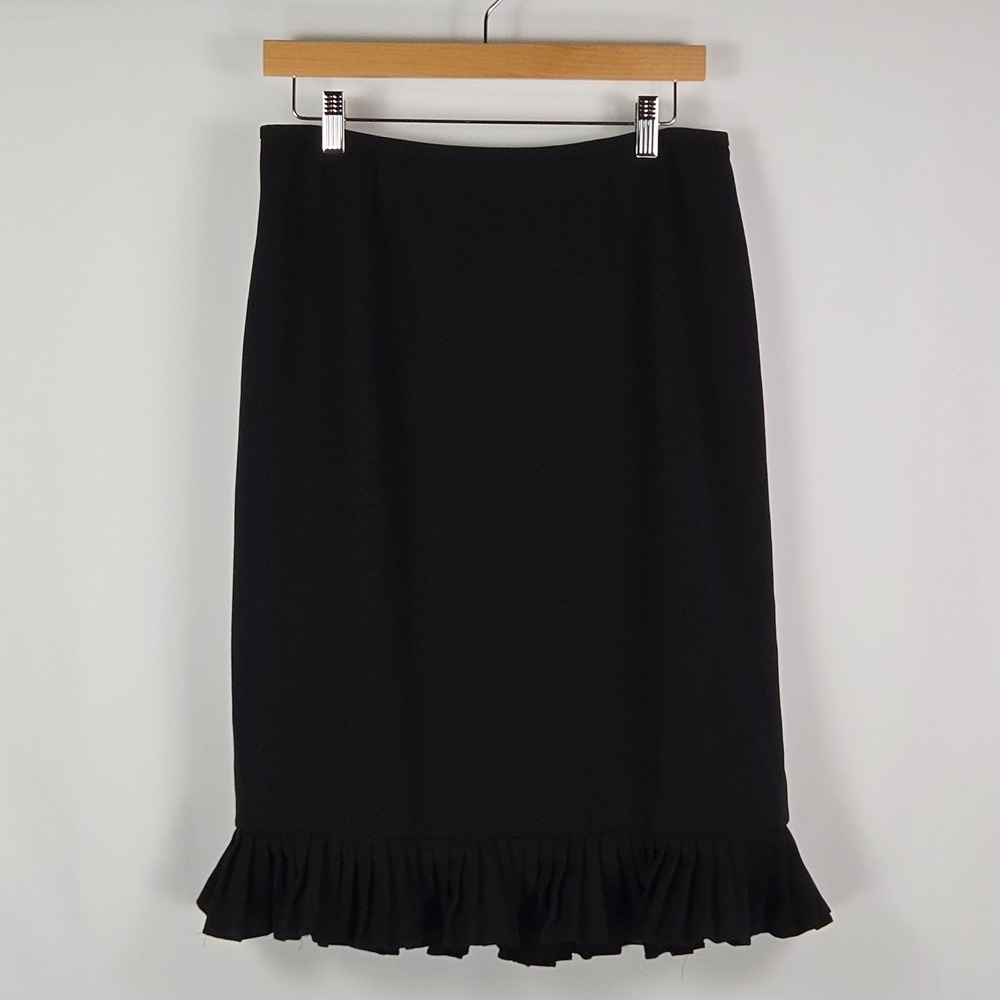 Jones Studio Black Pencil Skirt 10 Pleated Ruffle Hem Midi Coquette Officecore